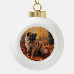 Pekingese in Autumn Leaves Fall Inspire Ceramic Ball Christmas Ornament