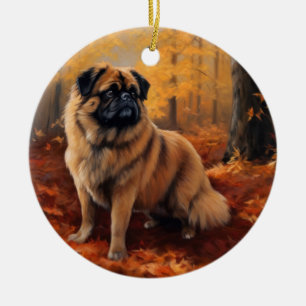 Pekingese in Autumn Leaves Fall Inspire Ceramic Ornament