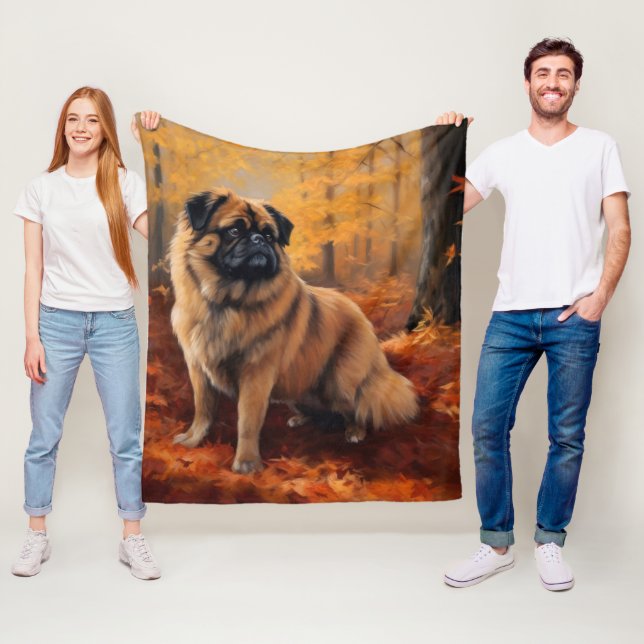 Pekingese in Autumn Leaves Fall Inspire Fleece Blanket (In Situ)