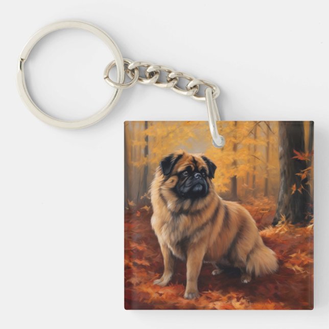Pekingese in Autumn Leaves Fall Inspire Key Ring (Front)