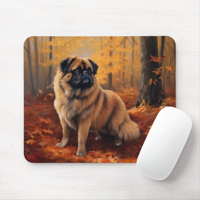 Pekingese in Autumn Leaves Fall Inspire Mouse Pad (With Mouse)