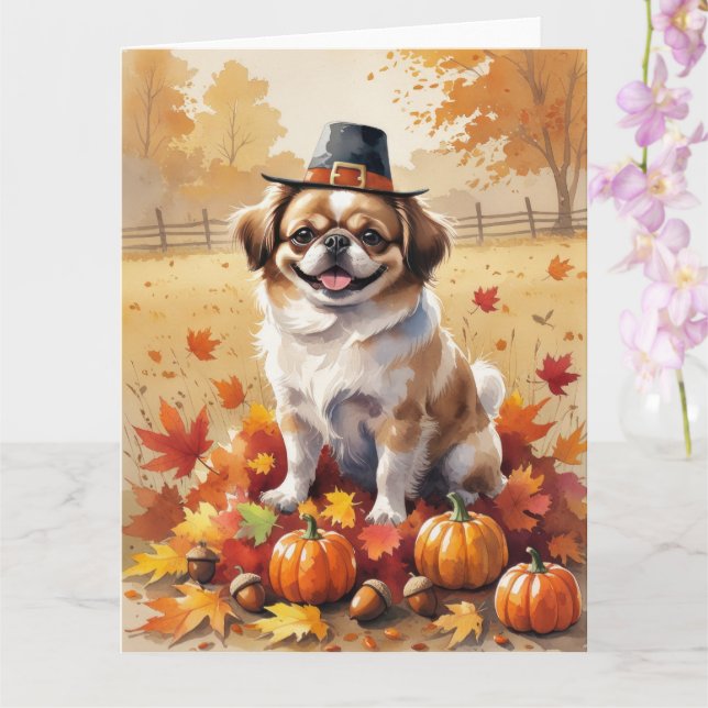 Pekingese In Autumn Leaves Thanksgiving Art  Card (Orchid)