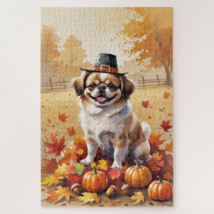 Pekingese In Autumn Leaves Thanksgiving Art Jigsaw Puzzle