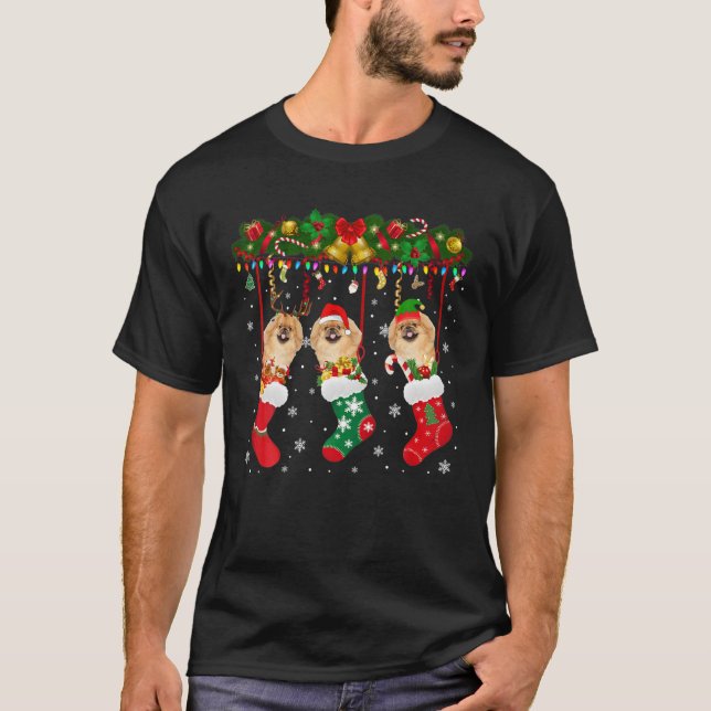 Pekingese In Sock Xmas Reindeer Santa ELF Dog T-Shirt (Front)