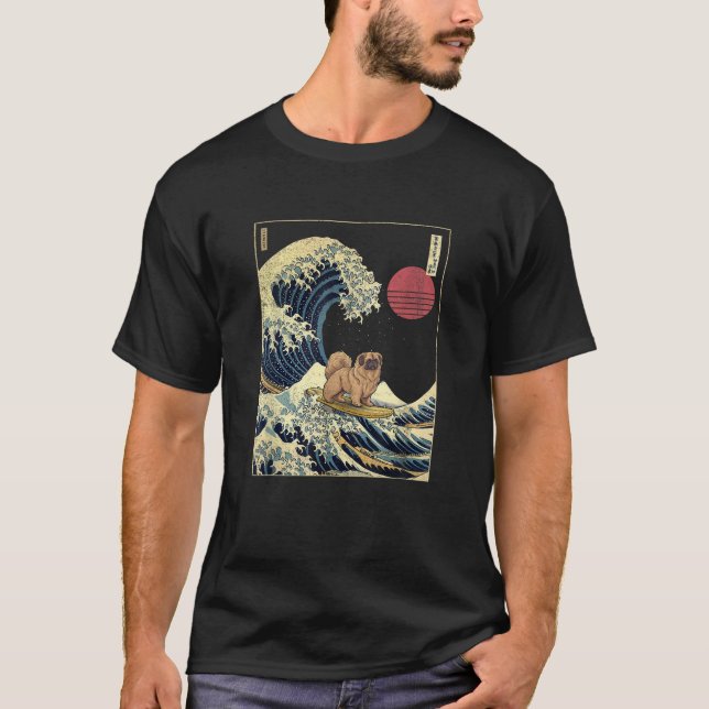 Pekingese Japanese Kanagawa Wave Funny Surf Dog Me T-Shirt (Front)