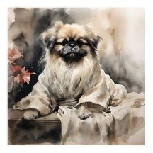 Pekingese Lounging in a Silk Robe Ink Drawing 
