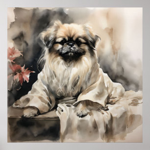 Pekingese Lounging in a Silk Robe Ink Drawing  Poster