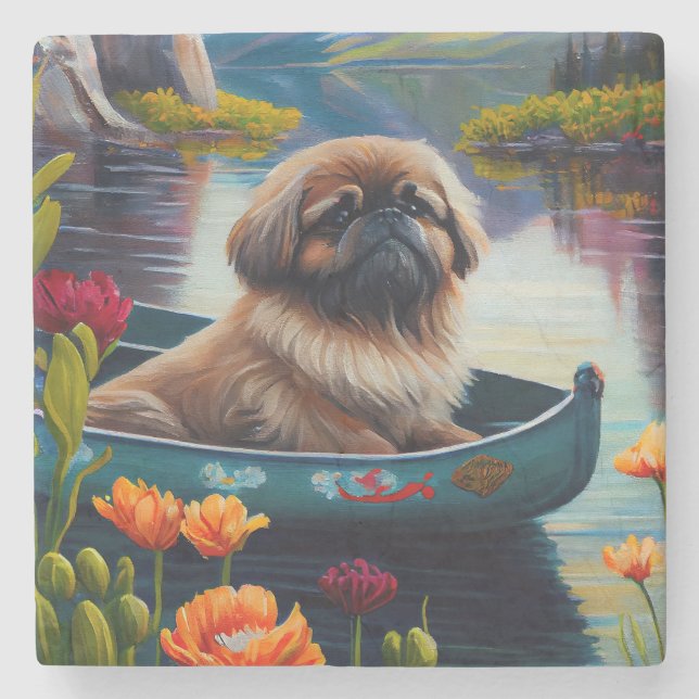 Pekingese on a Paddle: A Scenic Adventure Stone Coaster (Front)