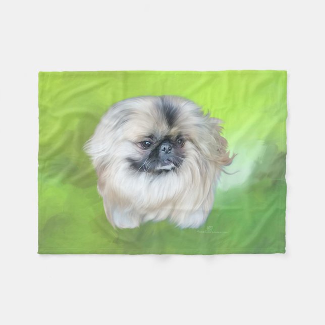 Pekingese on Green Fleece Blanket (Front (Horizontal))