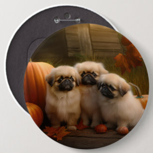 Pekingese Puppy Autumn Delight Pumpkin  6 Cm Round Badge
