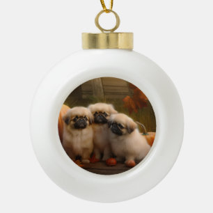 Pekingese Puppy Autumn Delight Pumpkin  Ceramic Ball Christmas Ornament