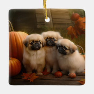 Pekingese Puppy Autumn Delight Pumpkin  Ceramic Ornament