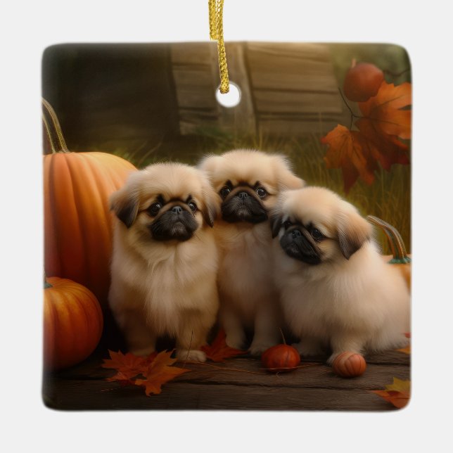 Pekingese Puppy Autumn Delight Pumpkin  Ceramic Ornament (Front)