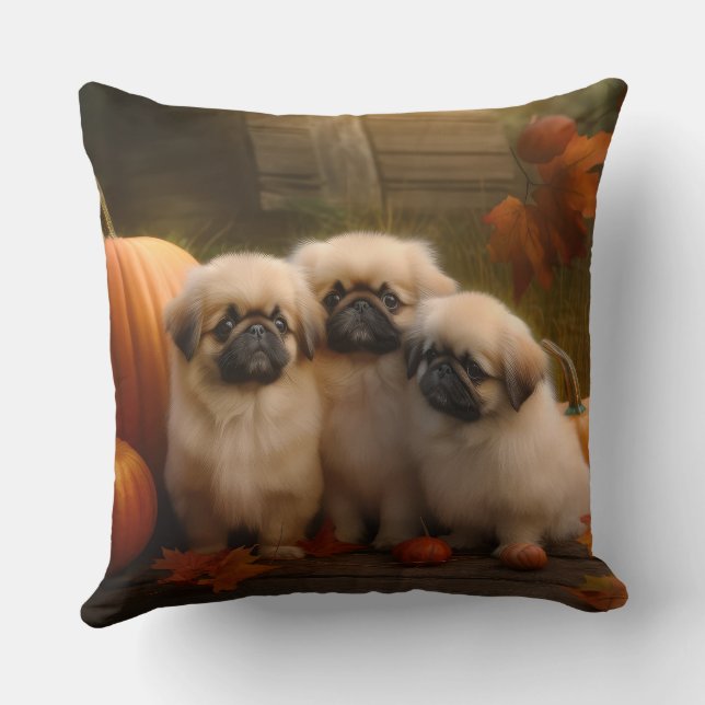 Pekingese Puppy Autumn Delight Pumpkin  Cushion (Back)
