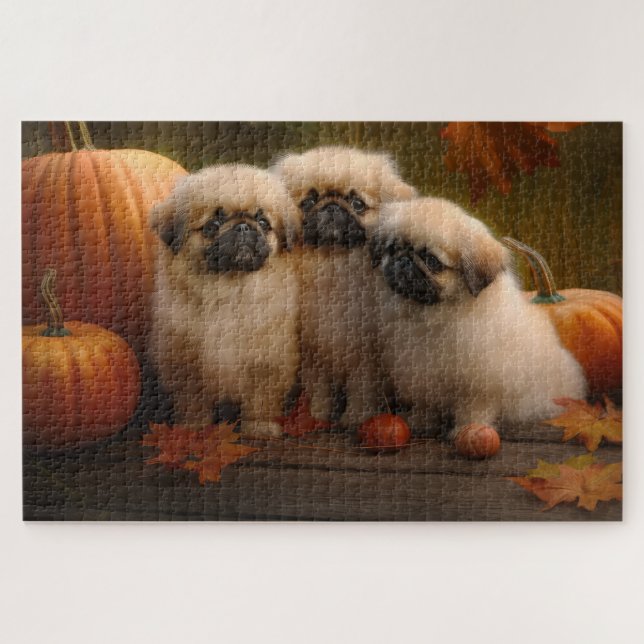Pekingese Puppy Autumn Delight Pumpkin  Jigsaw Puzzle (Horizontal)