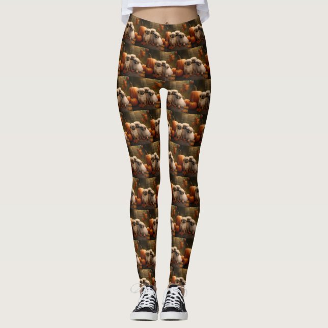 Pekingese Puppy Autumn Delight Pumpkin  Leggings (Front)