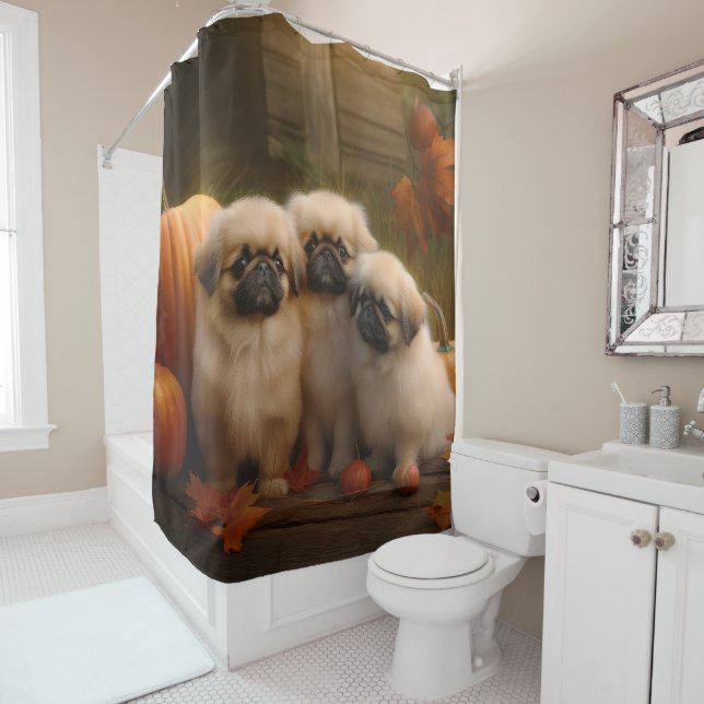 Pekingese Puppy Autumn Delight Pumpkin  Shower Curtain (In Situ)