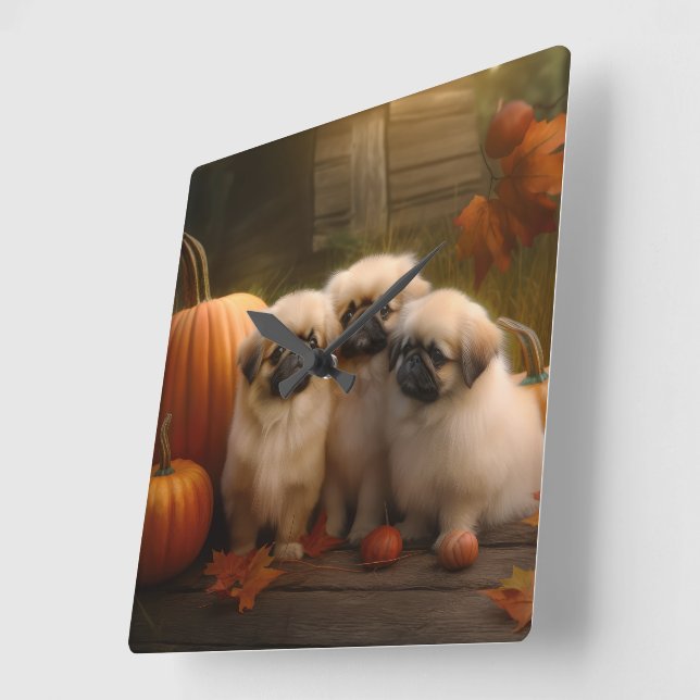 Pekingese Puppy Autumn Delight Pumpkin  Square Wall Clock (Angle)