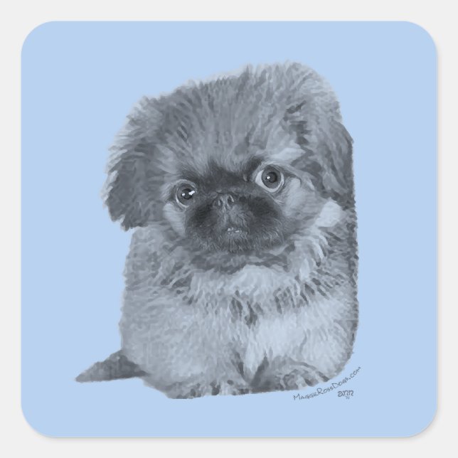 Pekingese Puppy Blue Square Sticker (Front)