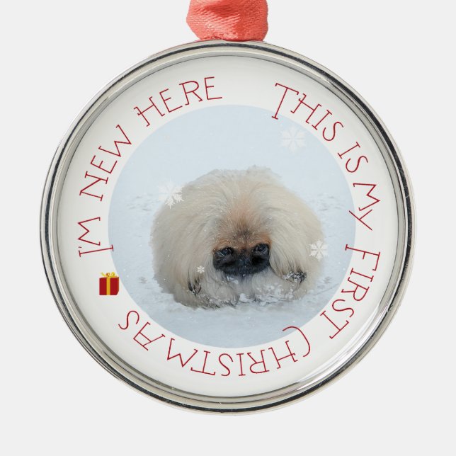 Pekingese Puppy First Christmas Metal Tree Decoration (Front)