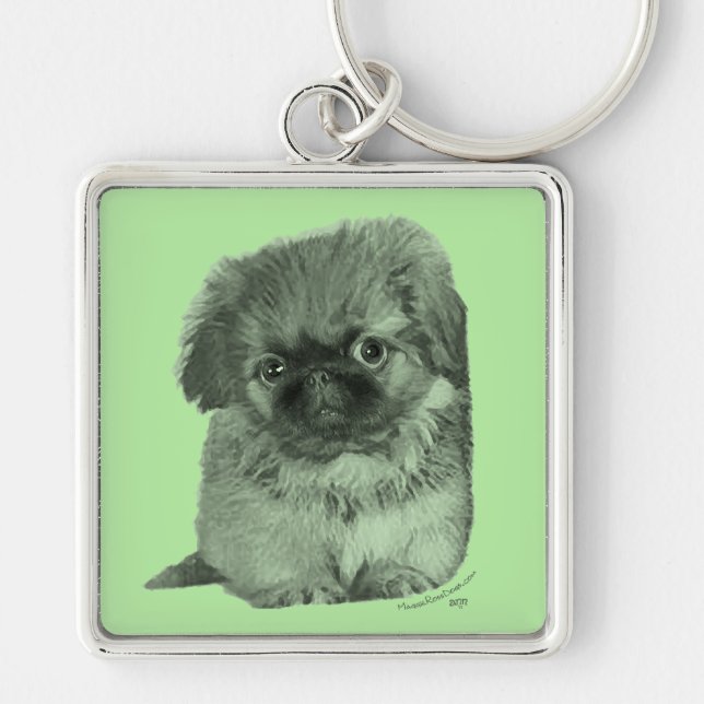 Pekingese Puppy Green Key Ring (Front)