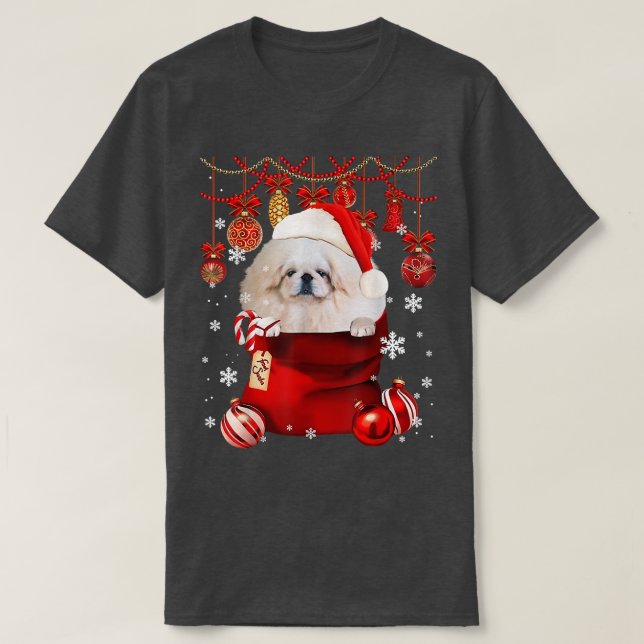 Pekingese Snow Ball  Dog in Pocket Bag Winter Chri T-Shirt (Design Front)