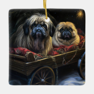 Pekingese Snowy Sleigh Christmas Decor  Ceramic Ornament