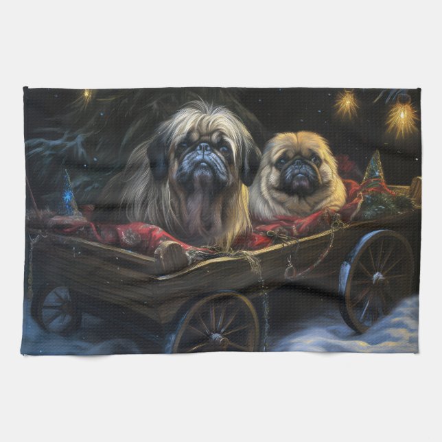 Pekingese Snowy Sleigh Christmas Decor  Tea Towel (Horizontal)