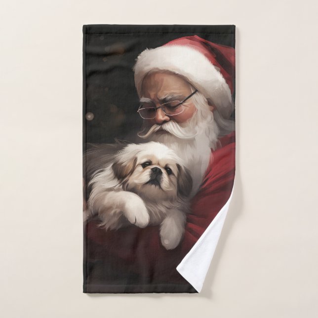 Pekingese With Santa Claus Festive Christmas Bath Towel Set (Hand Towel)