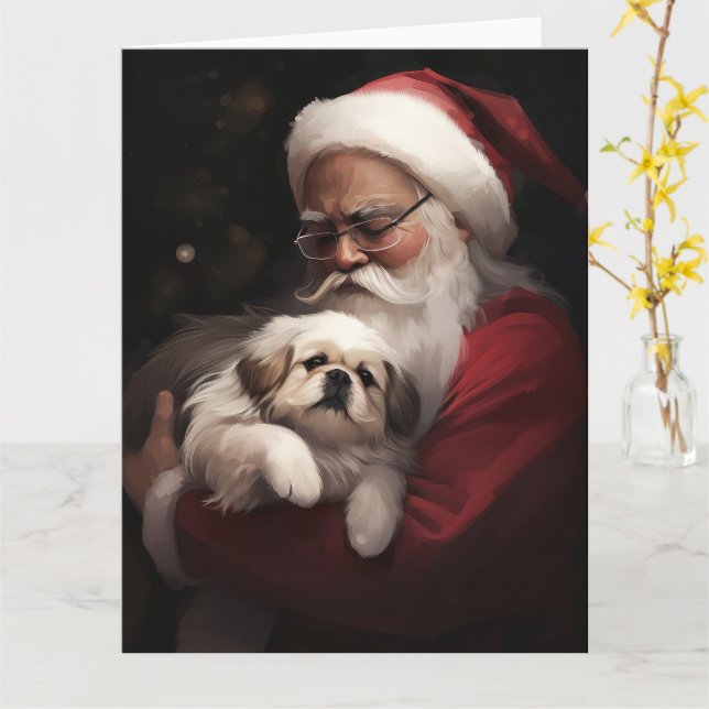 Pekingese With Santa Claus Festive Christmas Card (Yellow Flower)