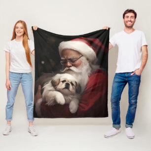 Pekingese With Santa Claus Festive Christmas Fleece Blanket