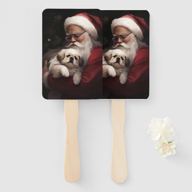 Pekingese With Santa Claus Festive Christmas Hand Fan (Front and Back)
