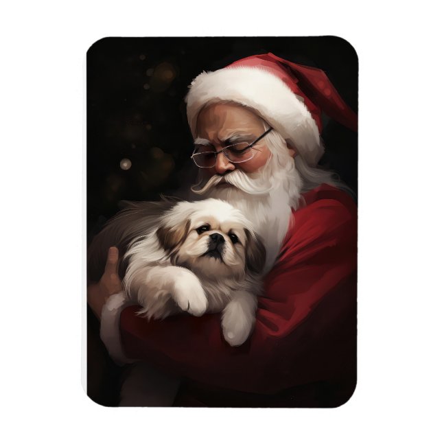 Pekingese With Santa Claus Festive Christmas Magnet (Vertical)