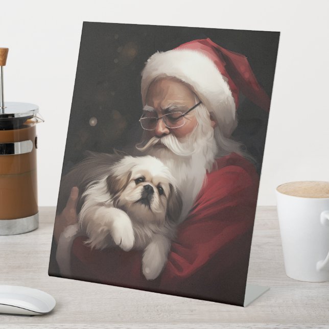 Pekingese With Santa Claus Festive Christmas Pedestal Sign (In SItu)