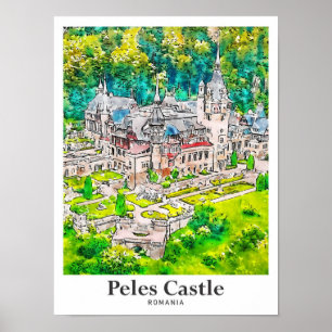 Peles Castle Romania Travel Watercolor Hand Drawn Poster