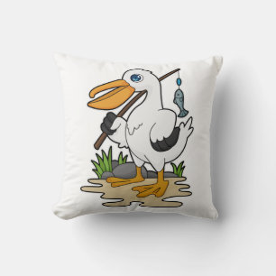 Pelican as Fisher with Fishing rod & Fish Cushion