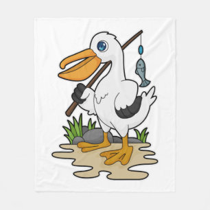 Pelican as Fisher with Fishing rod & Fish Fleece Blanket