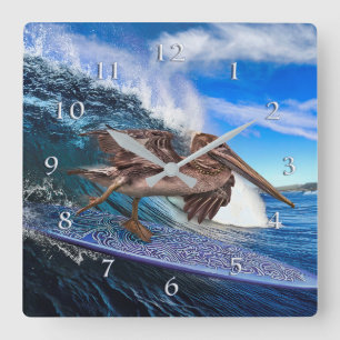 PELICAN BARREL RIDER SURFER SQUARE WALL CLOCK
