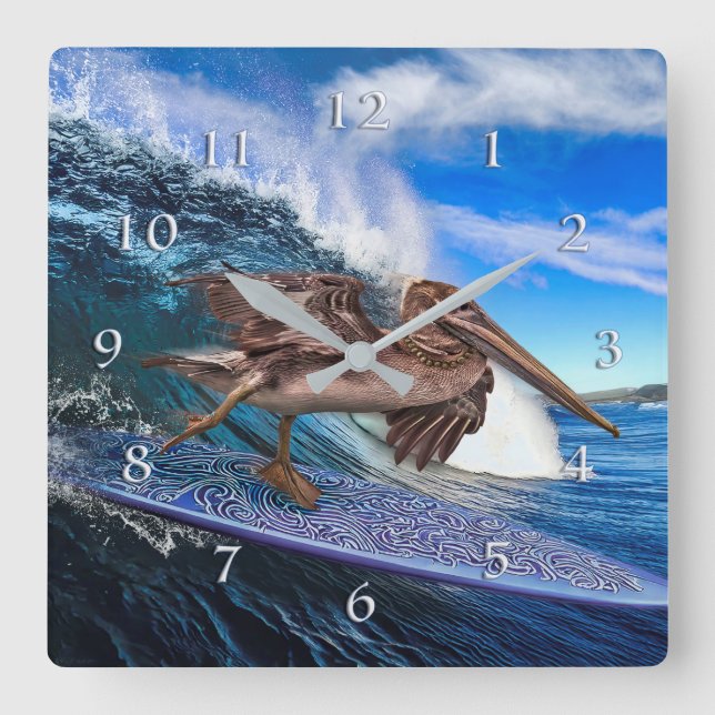 PELICAN BARREL RIDER SURFER SQUARE WALL CLOCK (Front)