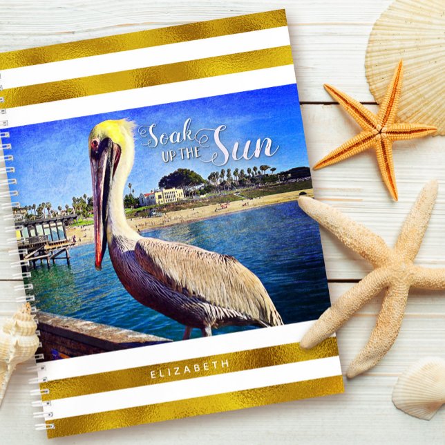 Pelican Beach Gold White Stripes Soak up the Sun Notebook (Creator Uploaded)