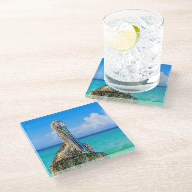 Pelican Beach Tropical Coastal Colourful Glass Coaster (Angled)