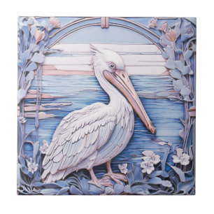 Pelican Bird Art Nouveau Faux Relief R Ocean Blue Ceramic Tile