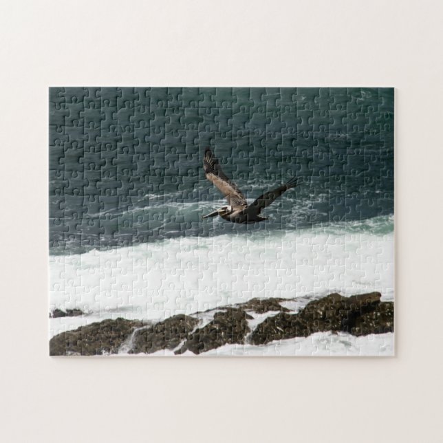 Pelican Bird Flying Pacific Ocean Rocks Jigsaw Puzzle (Horizontal)