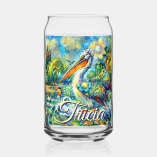 Pelican Bird in Wonderland Floral Personalised Can Glass