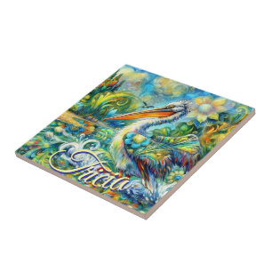 Pelican Bird in Wonderland Floral Personalised Ceramic Tile