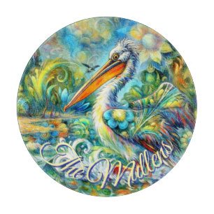 Pelican Bird in Wonderland Floral Personalised Cutting Board