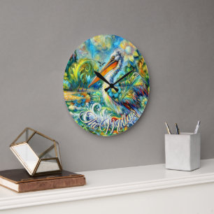 Pelican Bird in Wonderland Floral Personalised Large Clock
