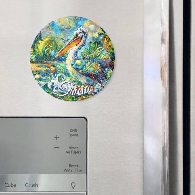 Pelican Bird in Wonderland Floral Personalised Magnet (In Situ (Fridge))