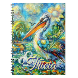 Pelican Bird in Wonderland Floral Personalised Notebook