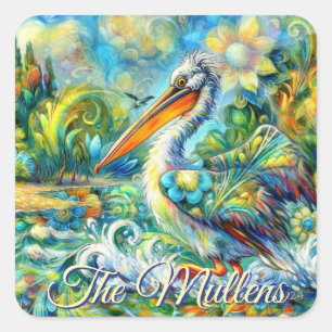Pelican Bird in Wonderland Floral Personalised Square Sticker